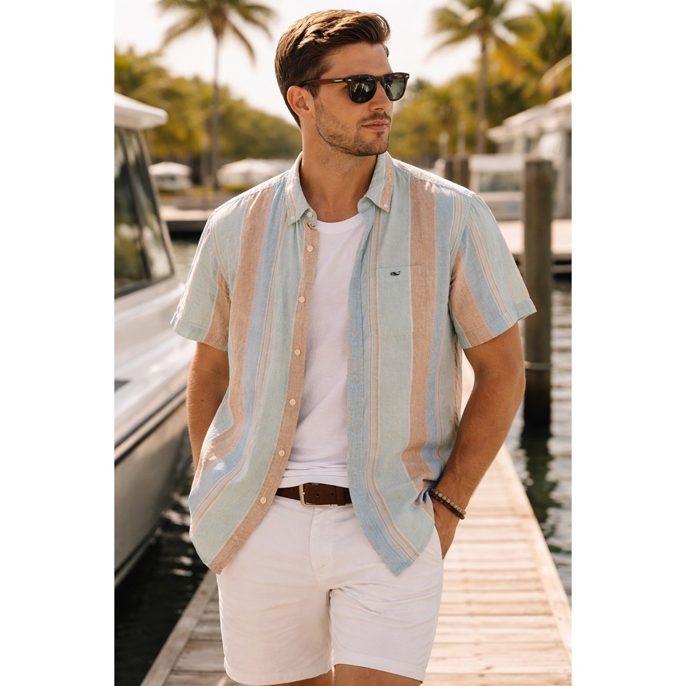 Vineyard Vines 100% Linen Mens Stripe Shirt Coastal Preppy Beachy Pastel SZ XXL